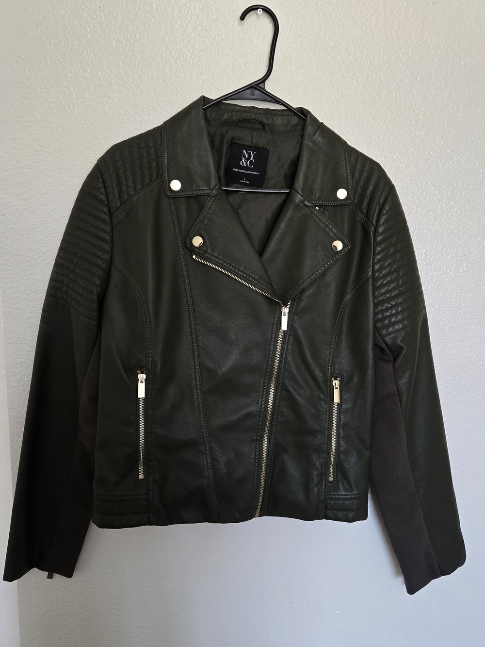 New York & Company Olive Green Faux Leather Moto Jacket